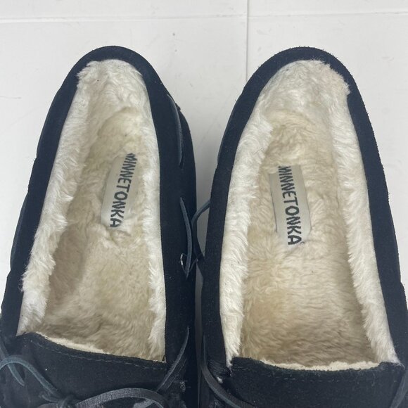 Minnetonka Womens Black Suede & Faux Fur Lined Moccasin Slippers Size 10M - Picture 3 of 8
